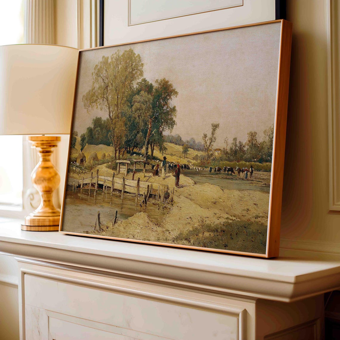 Riverbank Scene With Wooden Footbridge Haystacks and Cattle Poster - Image 2