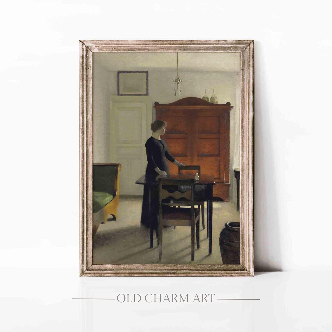 Woman In Dark Dress Quiet Interior Wooden Cabinet Soft Light Vintage Painting Poster