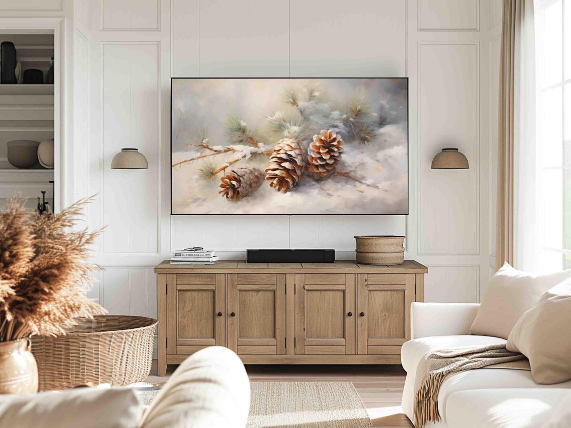 Snowy Pinecones Winter Branch Soft Christmas Frame TV Poster