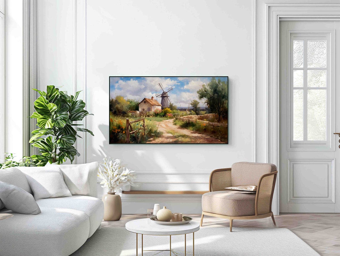 Impressionist Windmill Cottage Sunny Countryside Landscape Print - Image 2