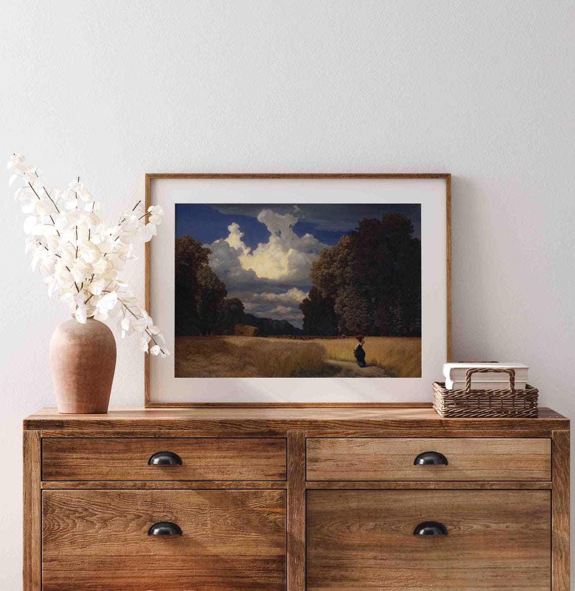 Wheat Harvest Field With Woman Walking Path Dramatic Clouds Poster - Image 4