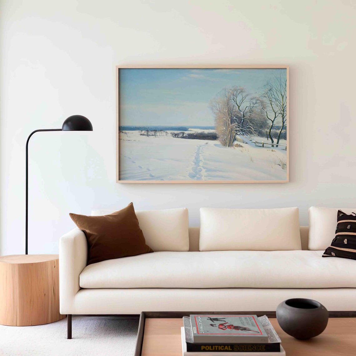 Sunlit Winter Field Snow Footprints Bare Trees Painting Poster - Image 4
