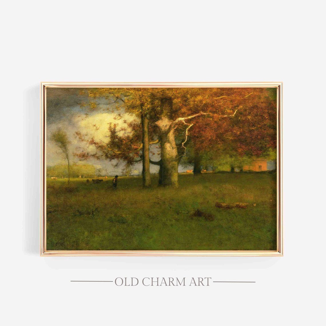 Tonalist Autumn Pasture With Ancient Trees and Grazing Cows Poster