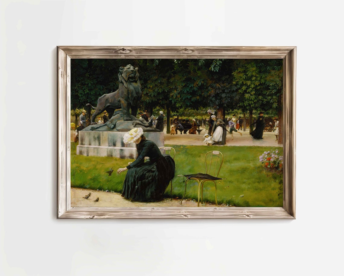 Woman Feeding Birds In Park With Lion Statue Antique Painting Poster - Image 2