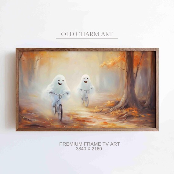 Smiling Ghosts Riding Bikes in Autumn Forest Halloween Poster