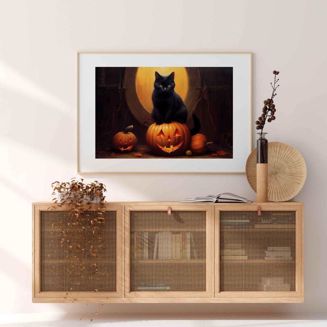 Black Cat Sitting On A Glowing Jack O Lantern With Pumpkins Poster - Image 4