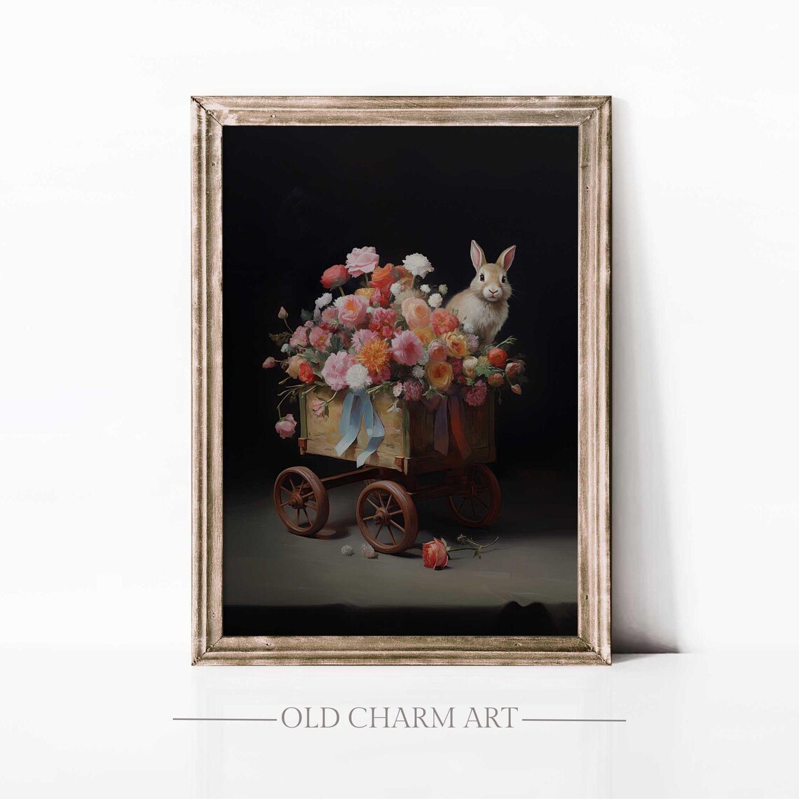 Bunny in Vintage Flower Cart Full Bloom Dark Background Wall Art Poster