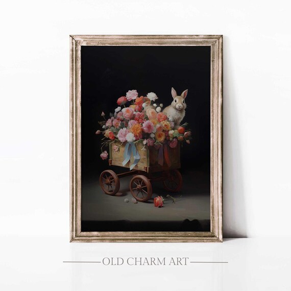 Bunny in Vintage Flower Cart Full Bloom Dark Background Wall Art Poster
