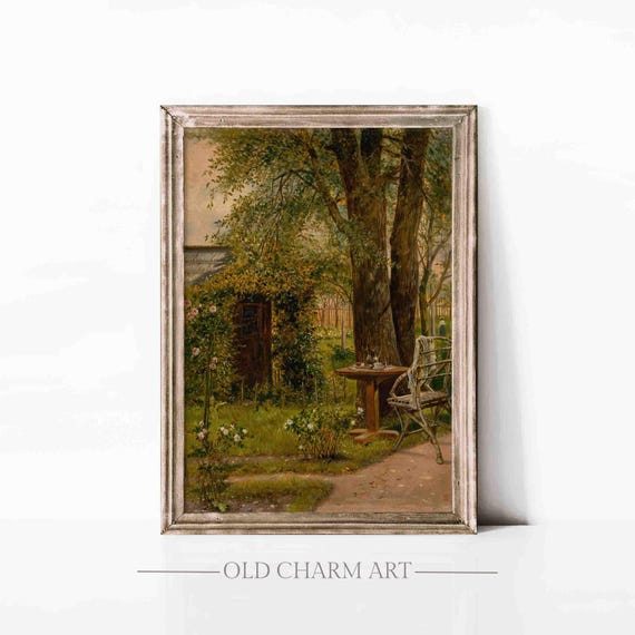 Cottage Garden Print Vintage Cottage Oil Painting Antique Country Landscape Print Farmhouse Art Print Wa141