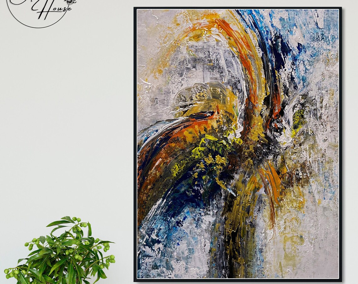 Orange Blue Gold Swirl Energetic Abstract Painting Modern Wall Poster - Image 4