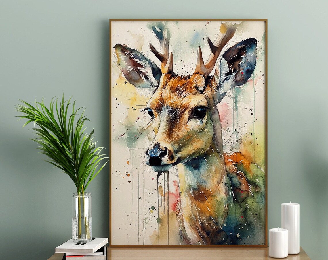 Young Deer Watercolor Portrait Rustic Woodland Animal Art Poster