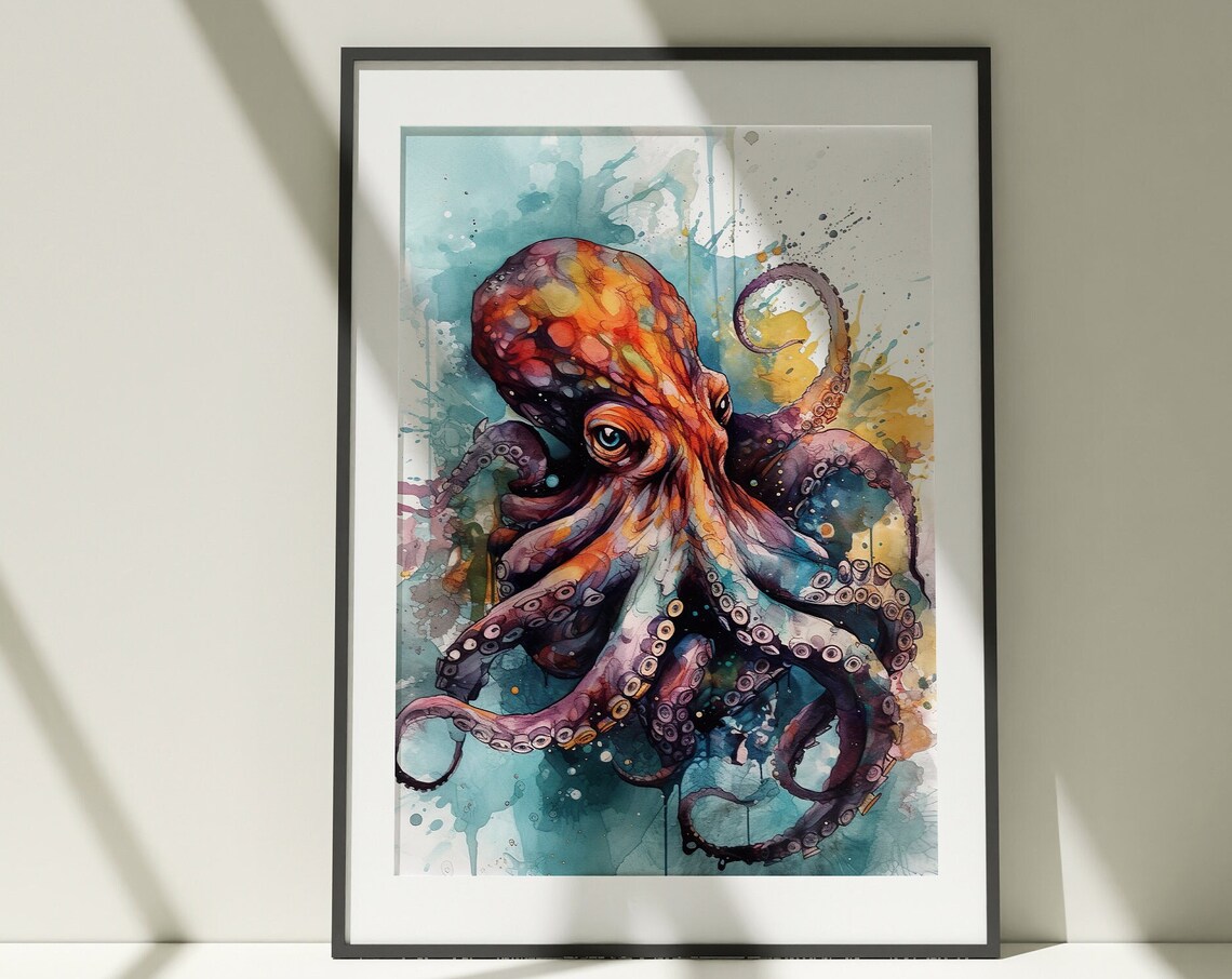 Octopus Watercolor Portrait Sea Creature Red Teal Art Poster