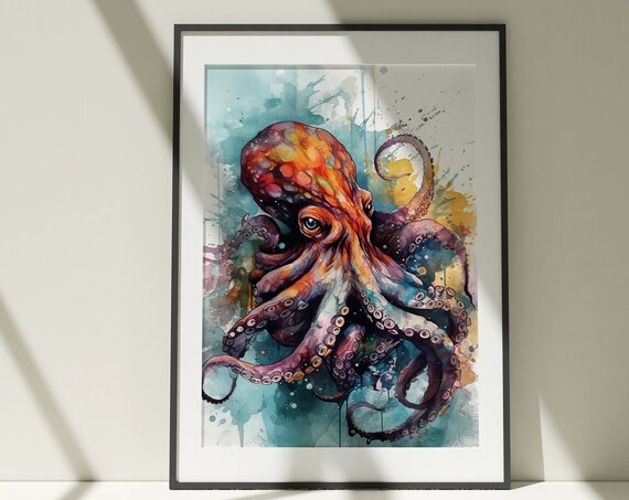 Octopus Painting Wall Art Poster Gift Watercolor Colorful Animal Painting Illustration Nature Wall Art Home Decor Print