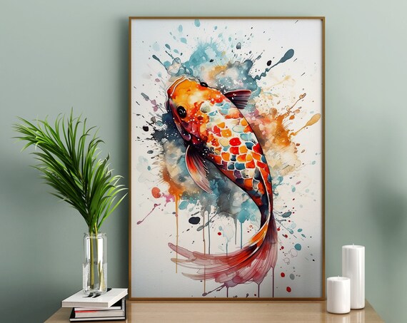 Koi Fish Colorful Watercolor Art Orange Teal Splash Pond Fish Poster