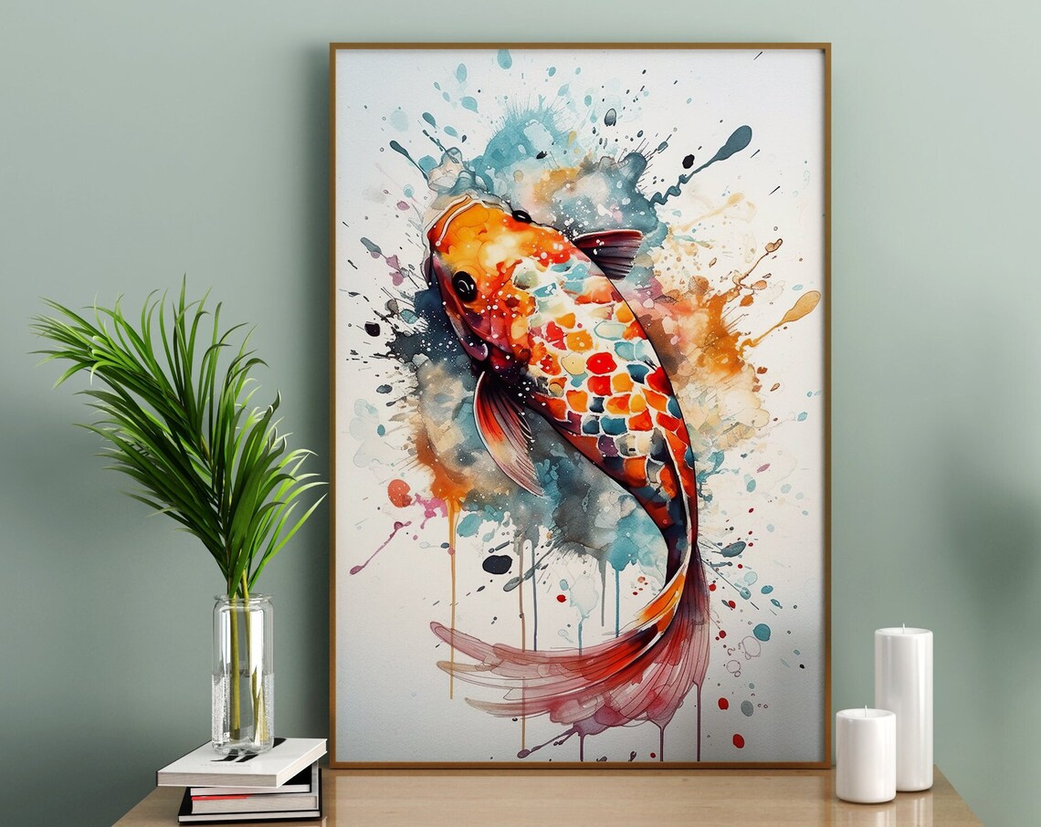 Koi Fish Colorful Watercolor Art Orange Teal Splash Pond Fish Poster