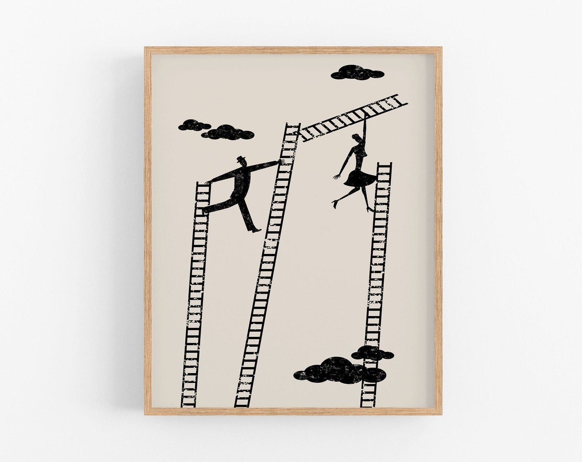 Surreal Ladder Climbers Black Silhouette Whimsical Dream Art Print