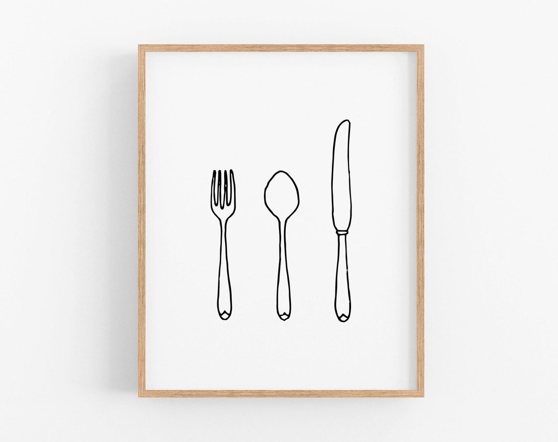Minimalist Fork Spoon Knife Line Drawing Kitchen Wall Art Decor