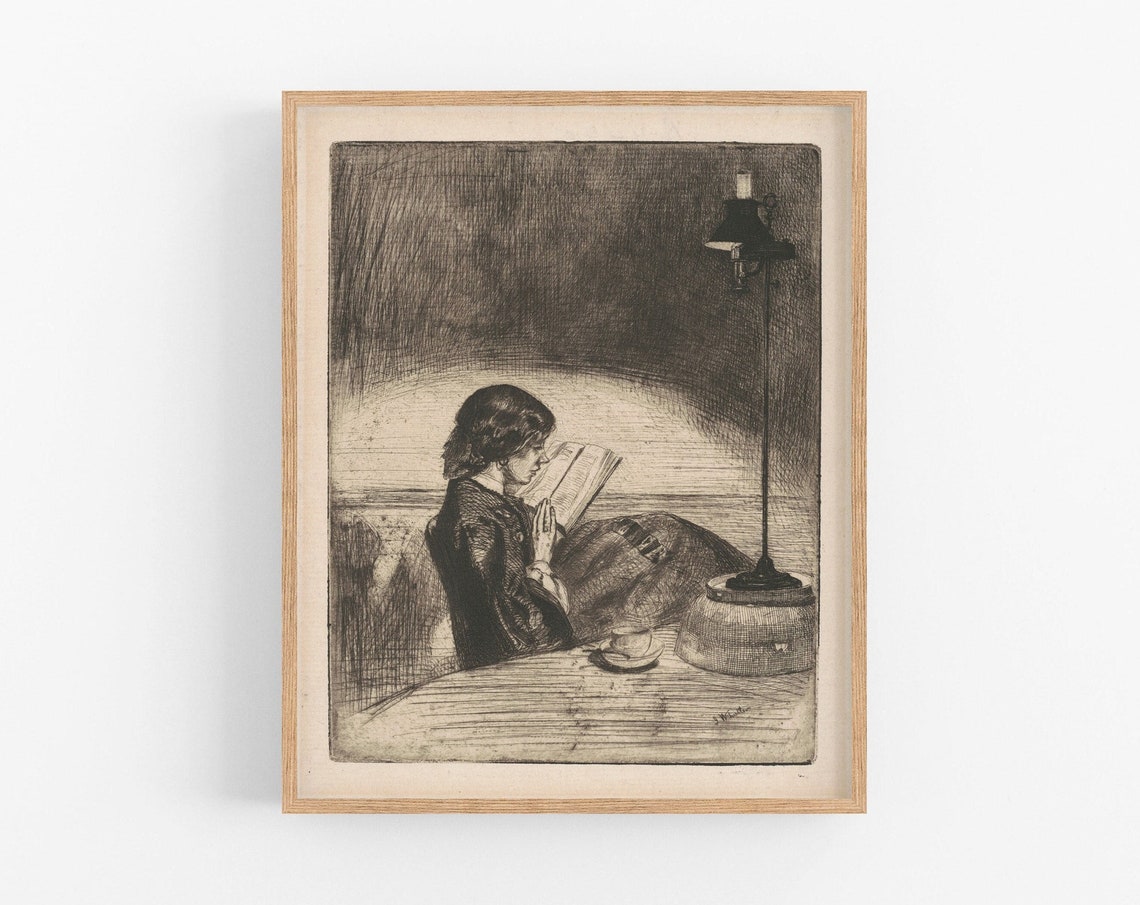 Vintage Woman Reading by Lamplight Etching Dark Academia Poster