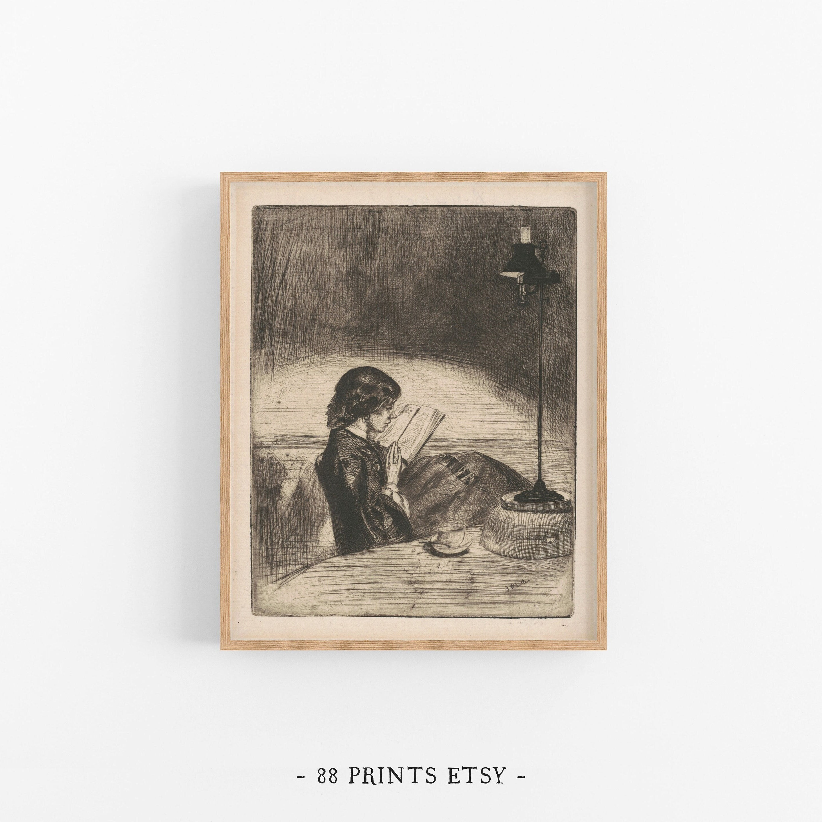 Vintage Woman Reading by Lamplight Etching Dark Academia Poster