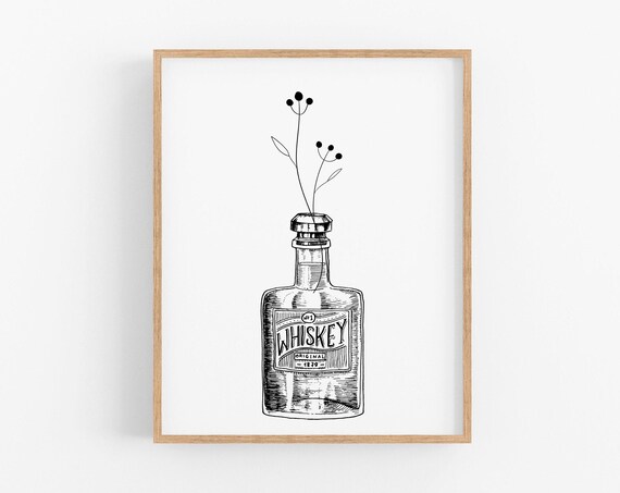 Whiskey Bottle Vintage 1899 Floral Minimalist Bar Art Poster