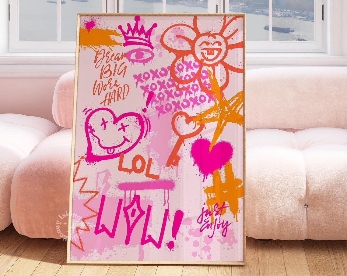 Pink Graffiti Doodle Poster Preppy Trendy Dorm Room Wall Decor