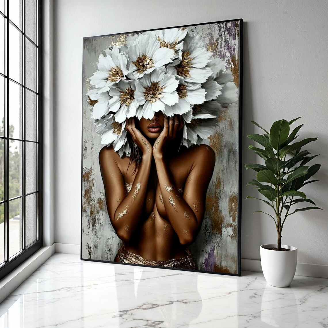 White Flower Crown Woman Hands Bronze Skin Gold Artistic Poster