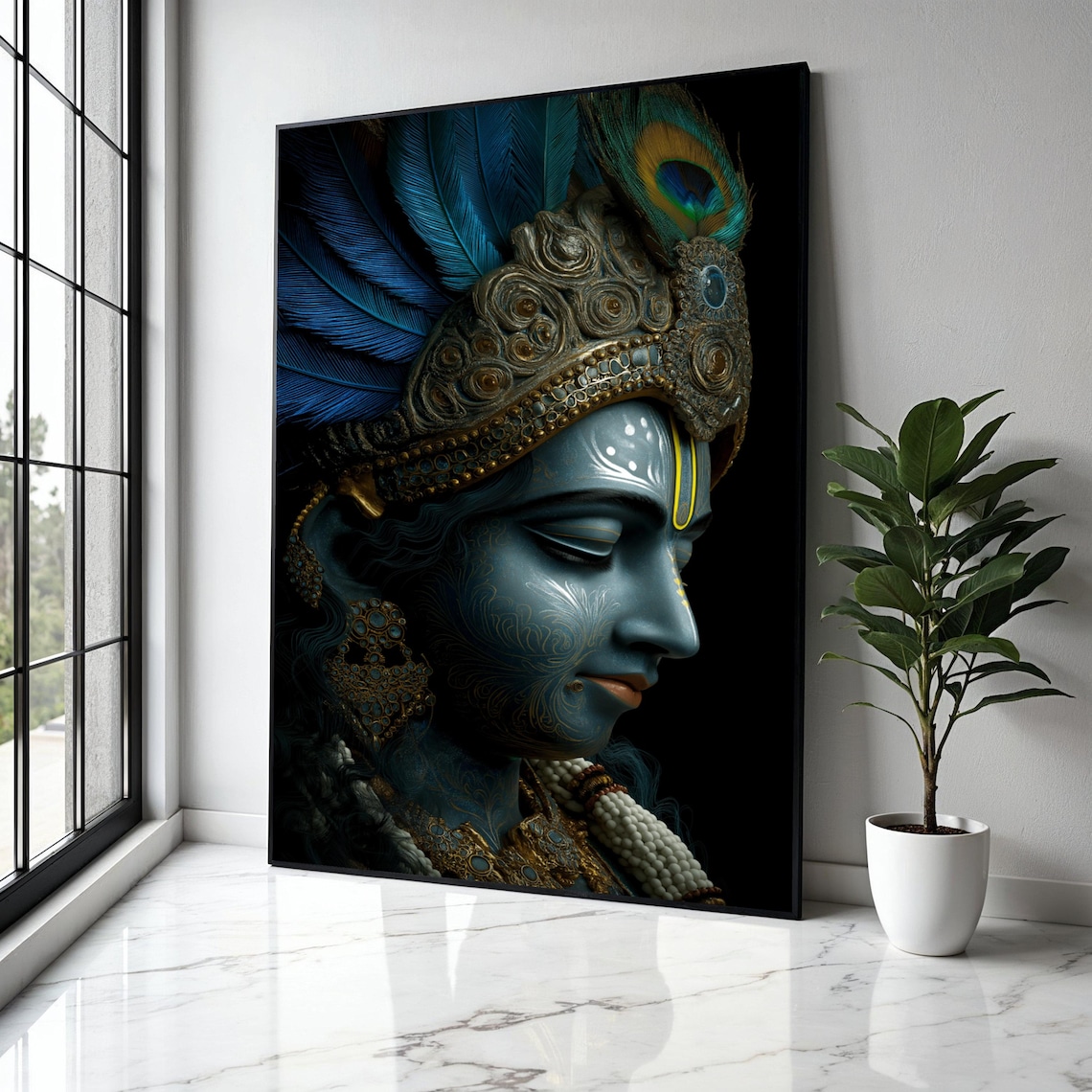 Divine Krishna Blue Lord Portrait Peacock Feather Crown Mythology Poster