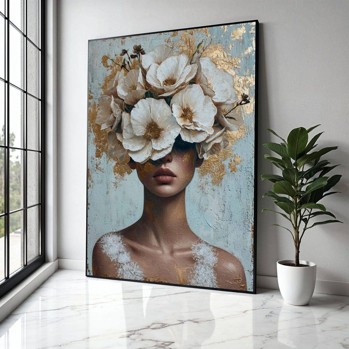 White Floral Crown Woman Teal Gold Modern Botanical Art Poster