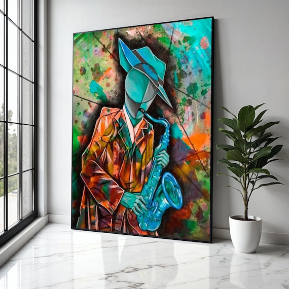 Cubist Jazz Saxophonist In Teal And Orange Modern Art Poster