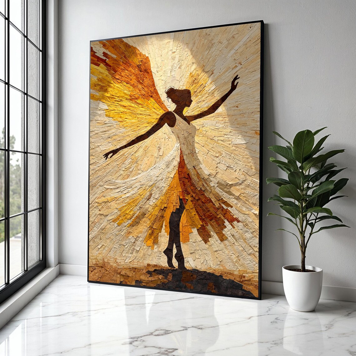 Radiant Angel Silhouette In Golden Mosaic Sunburst Paper Poster
