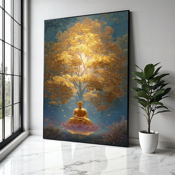 Glowing Golden Buddha Pink Lotus Golden Tree Teal Forest Poster