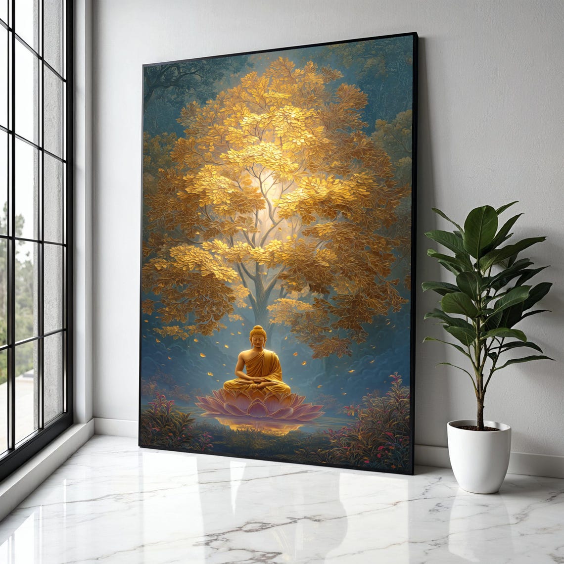 Glowing Golden Buddha Pink Lotus Golden Tree Teal Forest Poster