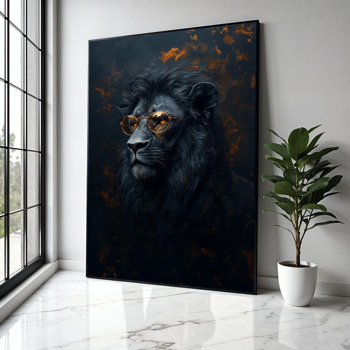 Black Lion Gold Round Glasses Regal Dark Moody Animal Poster
