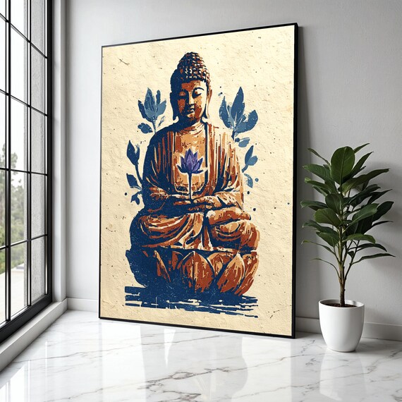 Rust Red Navy Buddha Stencil Cream Paper Zen Minimal Art Poster