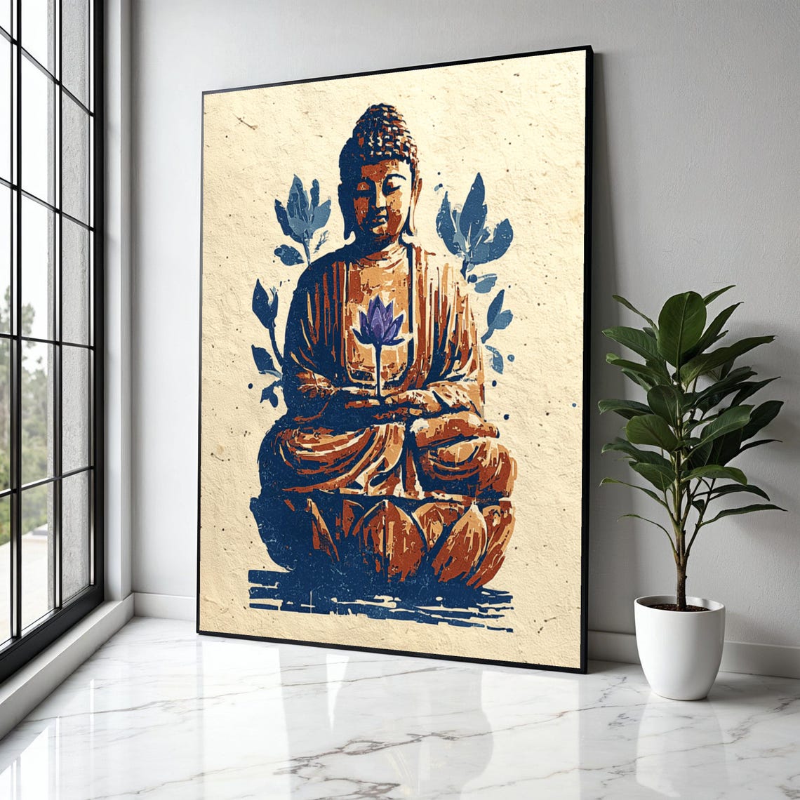Rust Red Navy Buddha Stencil Cream Paper Zen Minimal Art Poster