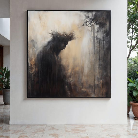 Dark Silhouette Man With Branch Crown Canvas Moody Abstract Portrait Wall Art Surreal Nature Inspired Gift Home Decor Print