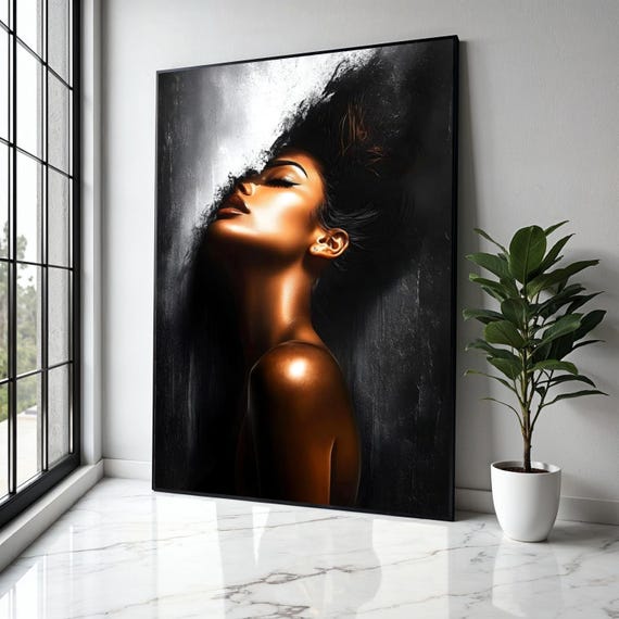 Elegant Female Portrait Canvas Modern Abstract Woman Art Black And Gold Wall Decor Contemporary Gift Home Print