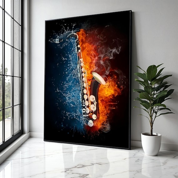 Saxophone Fire And Water Splash Clash Dramatic Jazz Music Poster