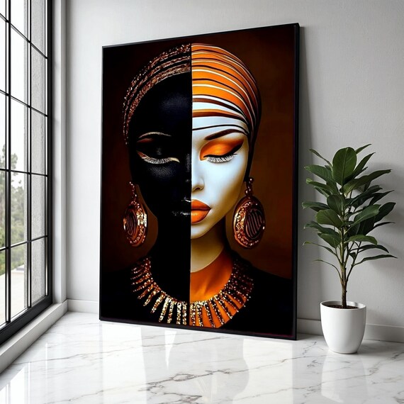 Dual Tone Split Face African Woman Orange Gold Abstract Poster