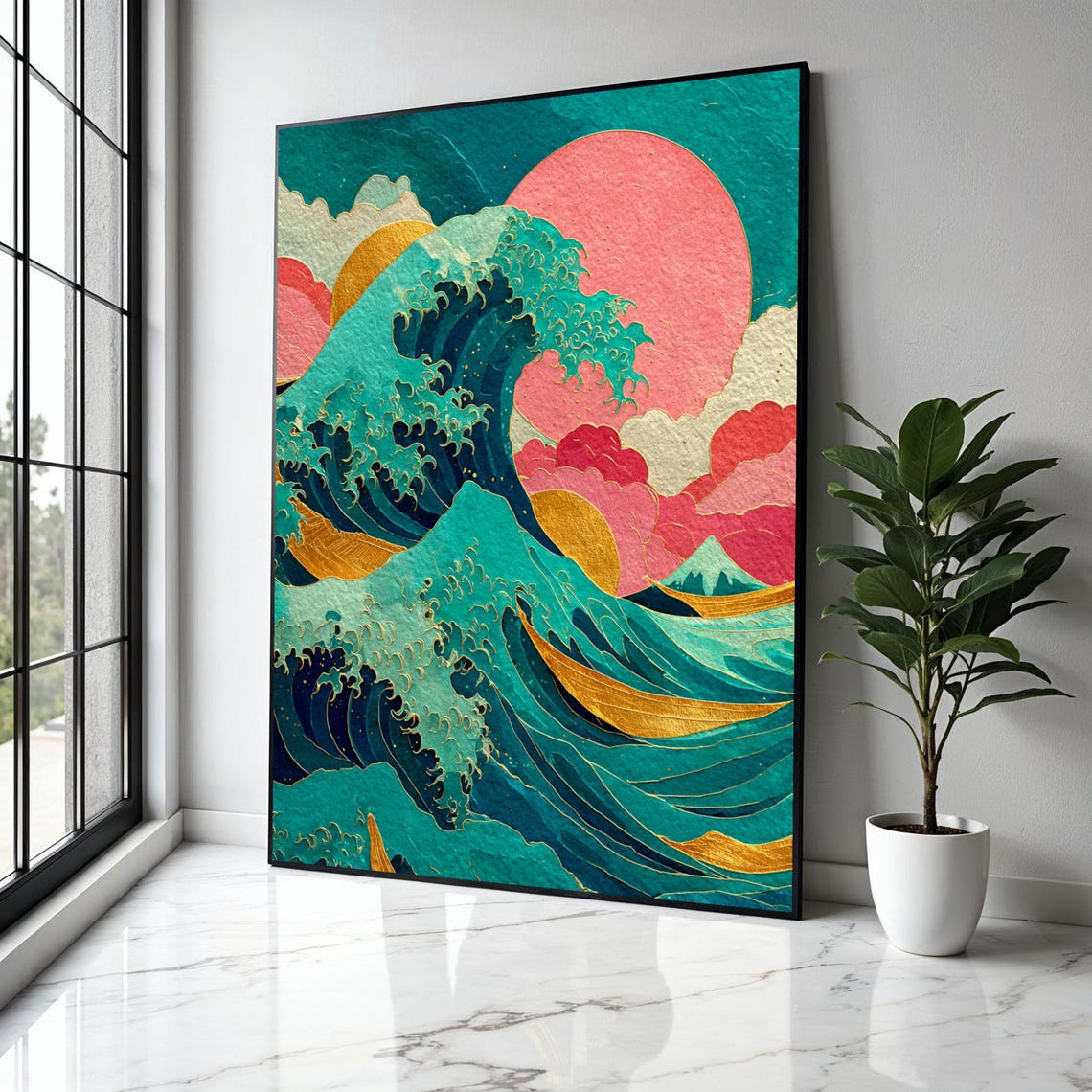 Turquoise Great Wave Beneath Giant Pink Sun Japanese Style Poster
