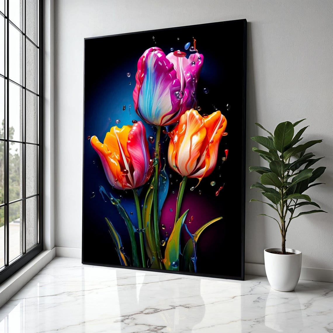 Vibrant Tulip Bouquet Glossy Water Drops Dark Background Floral Poster