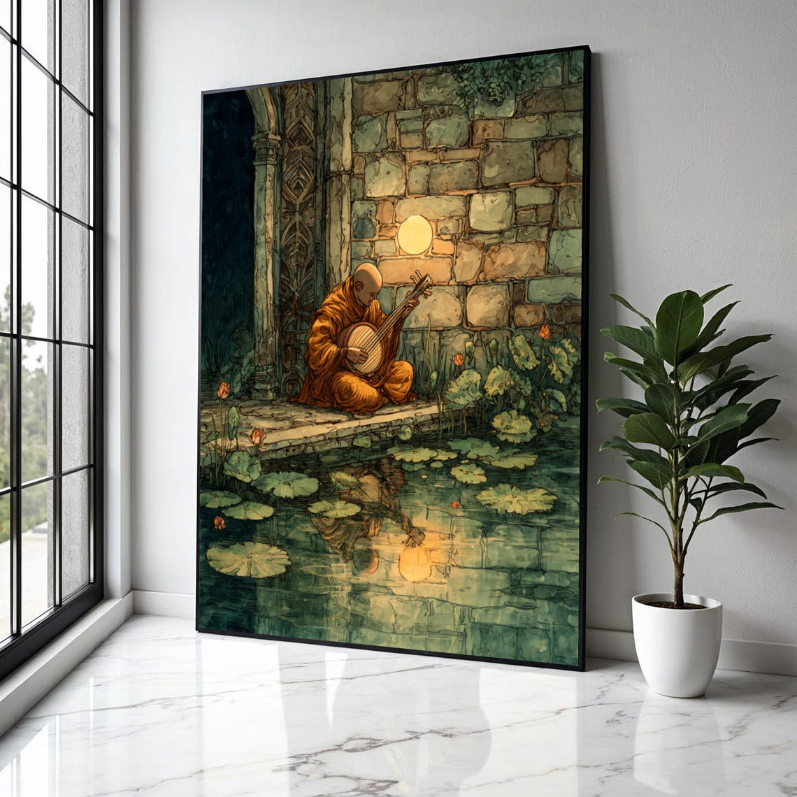 Monk Playing Lute Night Lotus Pond Moonlight Serene Asian Art Poster