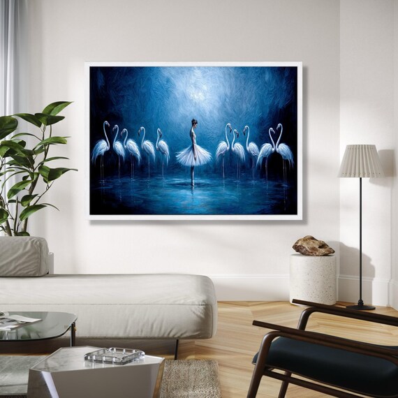 Blue Ballerina Dancing Among Flamingos Reflective Water Poster