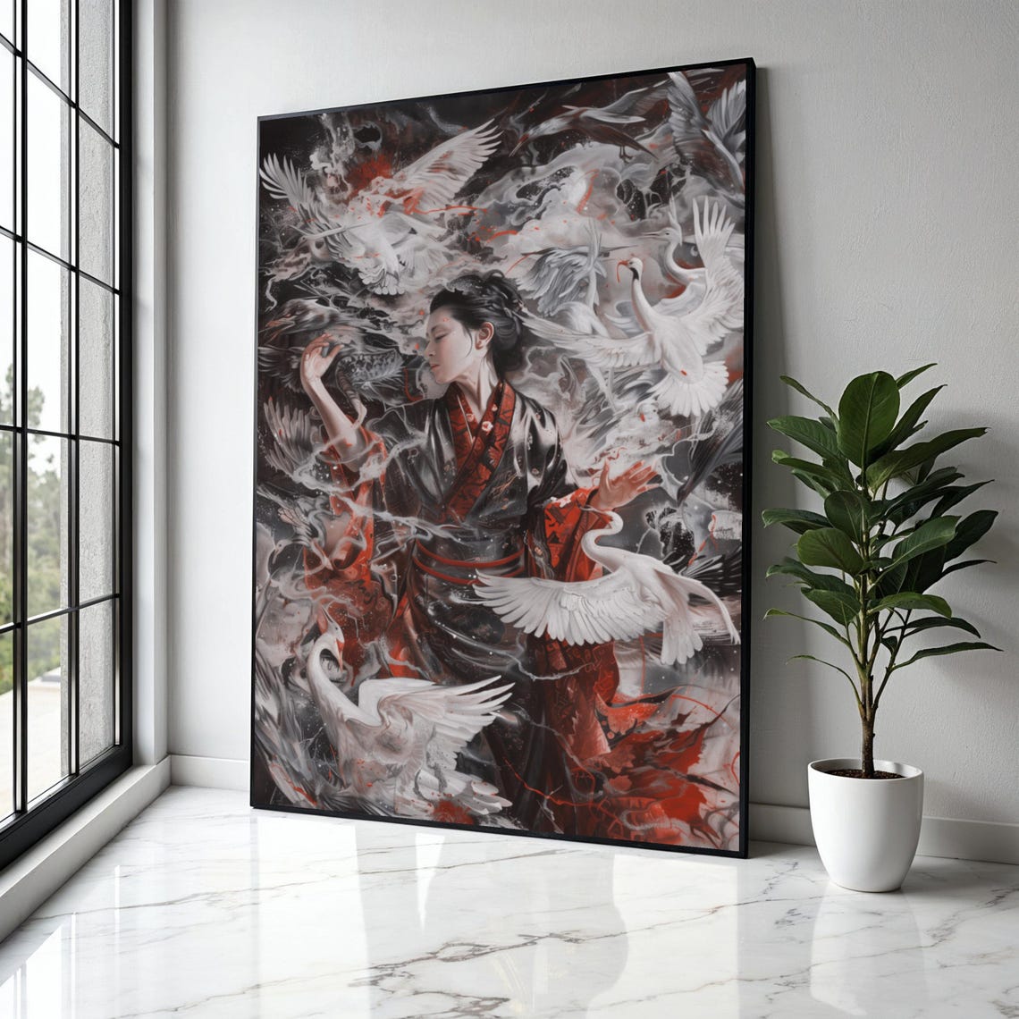 Geisha Dancing Among White Cranes Red Black Dramatic Art Poster