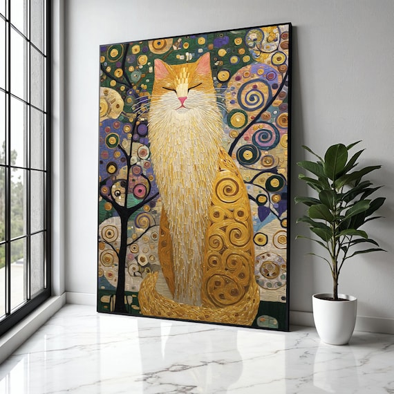 Golden Klimt Style Cat Art Nouveau Ornate Swirl Portrait Poster