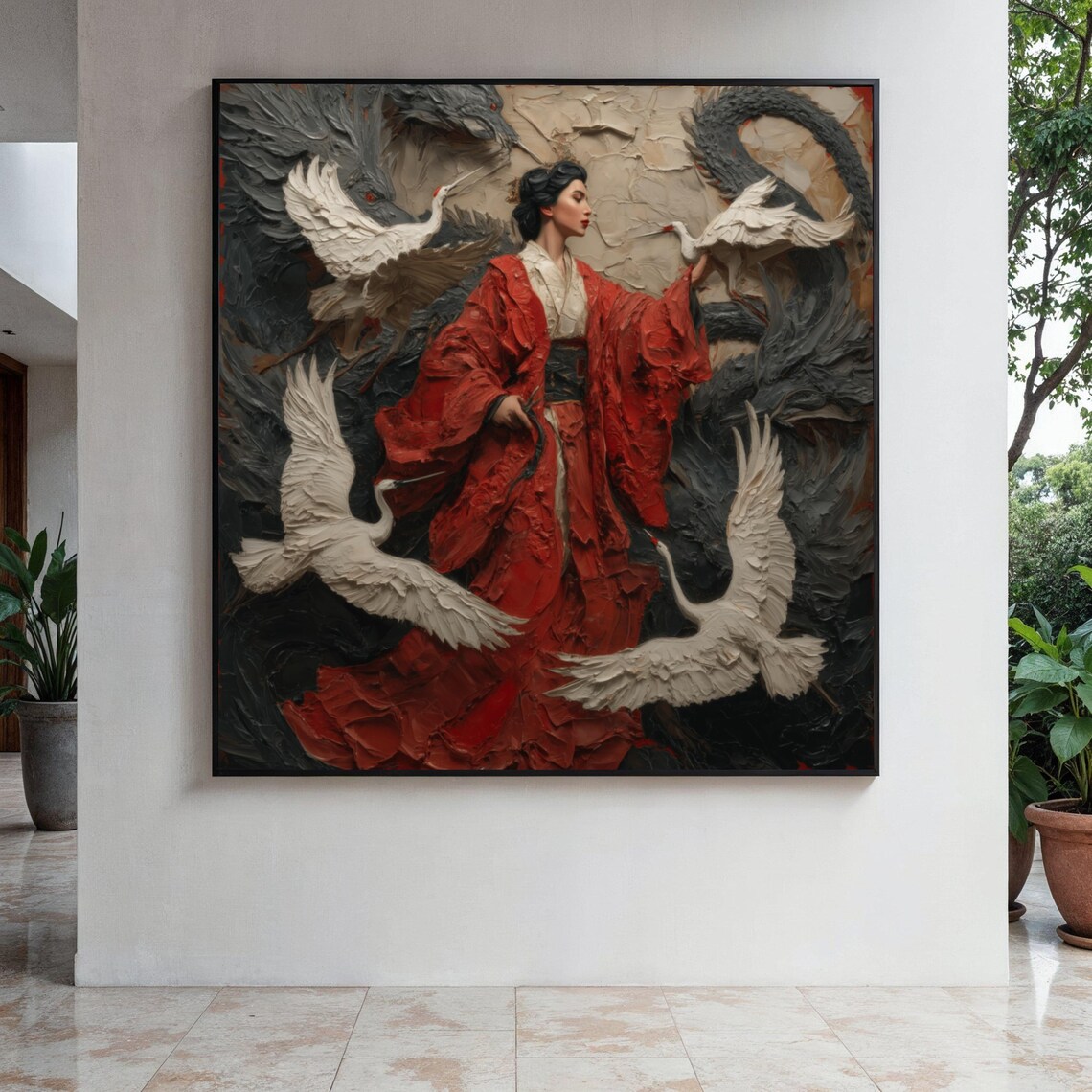 Woman in Red Kimono White Cranes Textured Impasto Art Poster