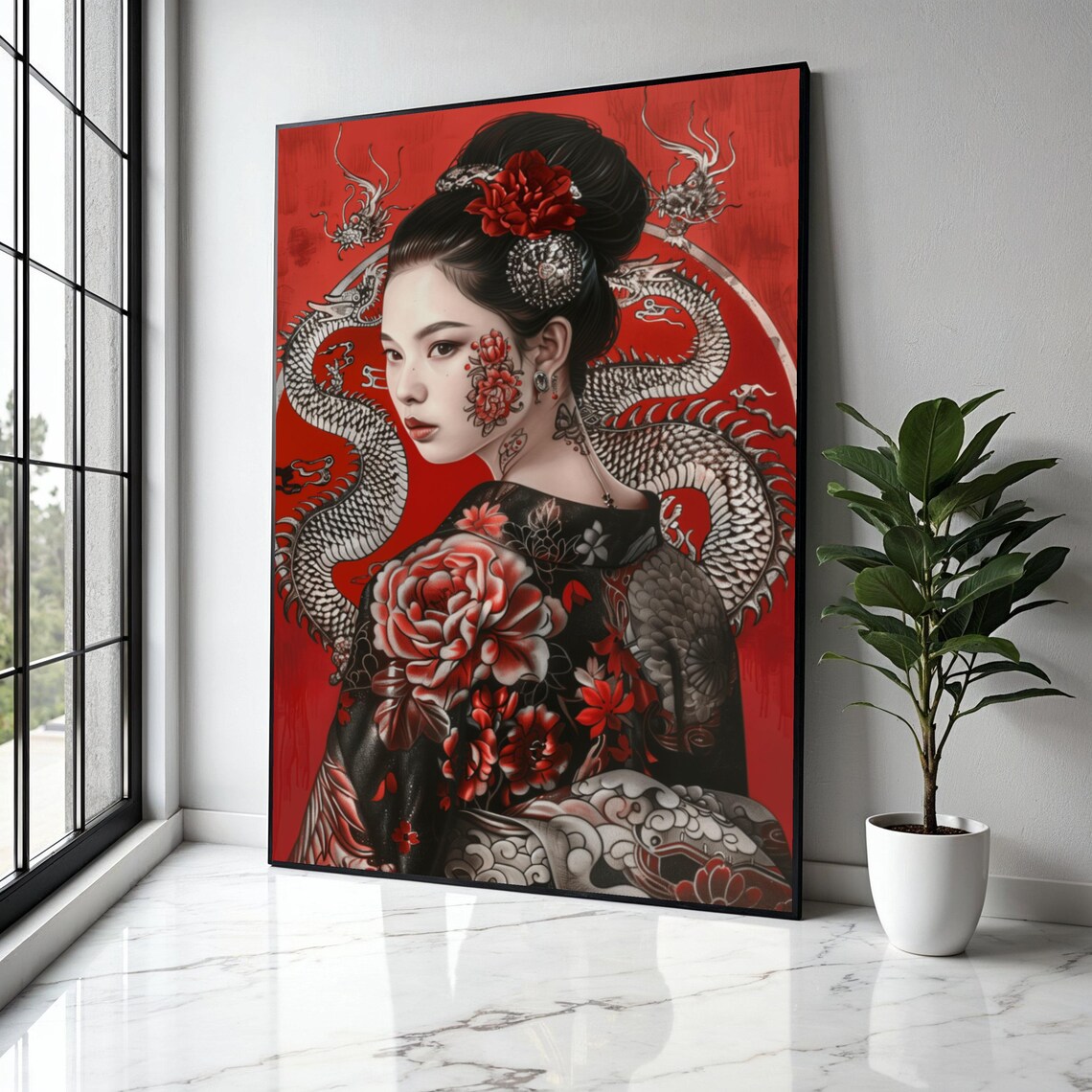 Geisha Portrait With Floral Face Tattoo Dragon And Red Sun Poster