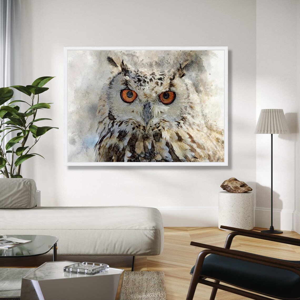 Owl Portrait Watercolor Painting Orange Eyes Wildlife Poster