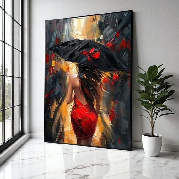 Woman in Red Dress With Black Umbrella Rainy City Night Painting Poster
