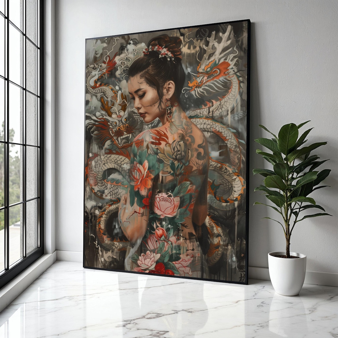 Tattooed Woman Dragon Asian Fantasy Floral Ink Body Art Poster